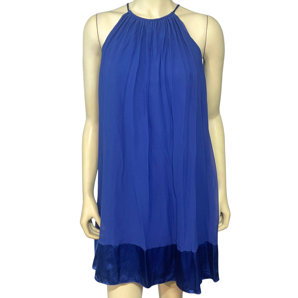 Maggy London Sz 4 Short Shift Dress Gathered Neck w/Halter Tie Blue Silk Chiffon